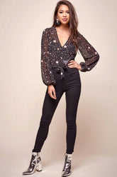 Celeste Galaxy Star Print Wrap Top Black