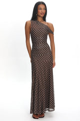Lylah Asymmetric Neckline Mesh Maxi Dress Polka Dot Chocolate