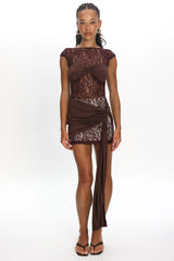 Baie Hip Sash Lace Overlay Mini Dress Chocolate