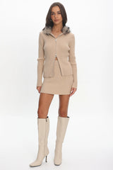 Odetta Fur Collar Knit Top Sand