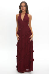 Flirt Frill Trim Halter Maxi Dress Wine