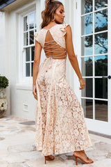 Take Note Laced-Back Frill Shoulder Lace Jumpsuit Nude