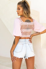 Golden Hour Lace-Up Front Crochet Crop Top Pink