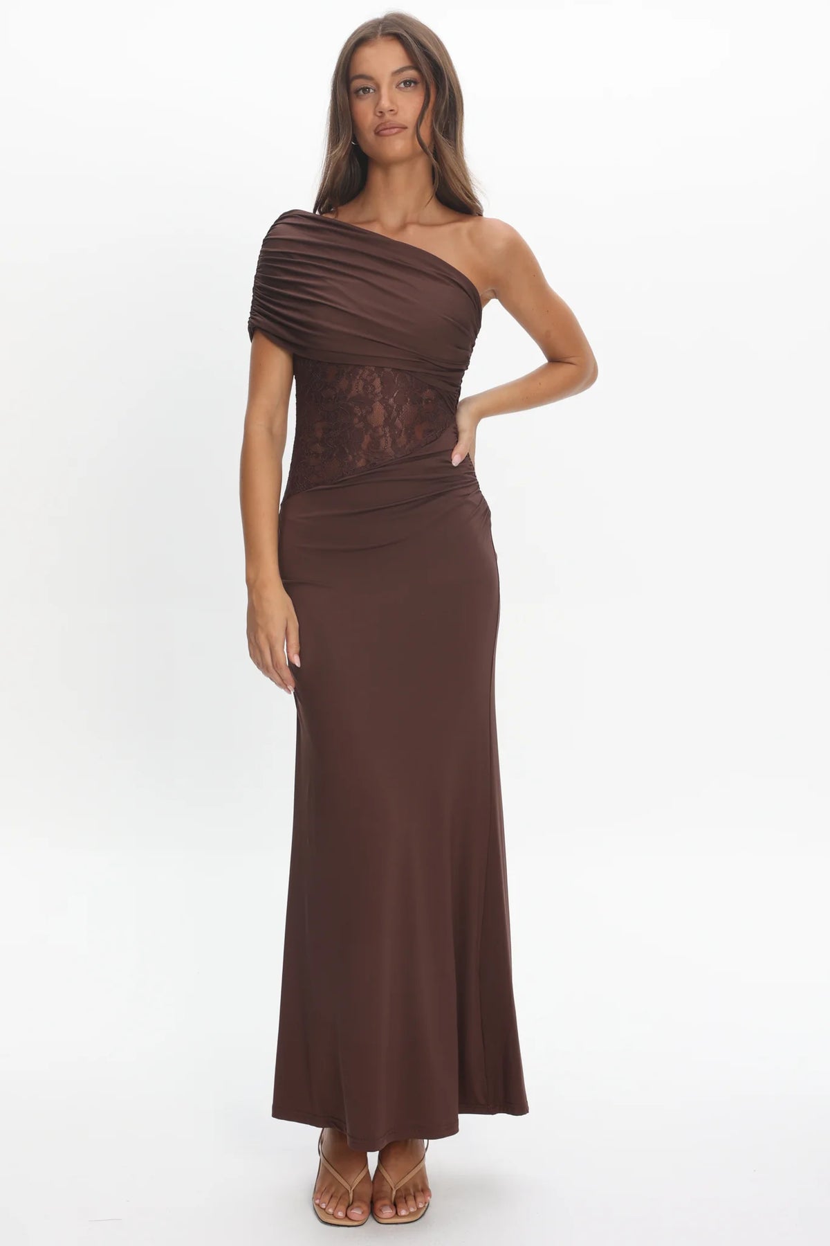 Mallorca Asymmetric Neckline Lace Maxi Dress Chocolate
