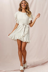 Taya Ruffle Shoulder Waist Tie Dress Beige