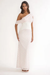 Milos Asymmetric Neckline Maxi Dress Polka Dot Red