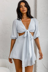 Sunshine Sweetie Cut-Out Waist Tie Feature Mini Dress Steel Blue