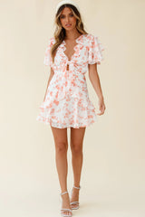 Aubrey Tied Bust Ruffle Trim Dress Floral Print Pink