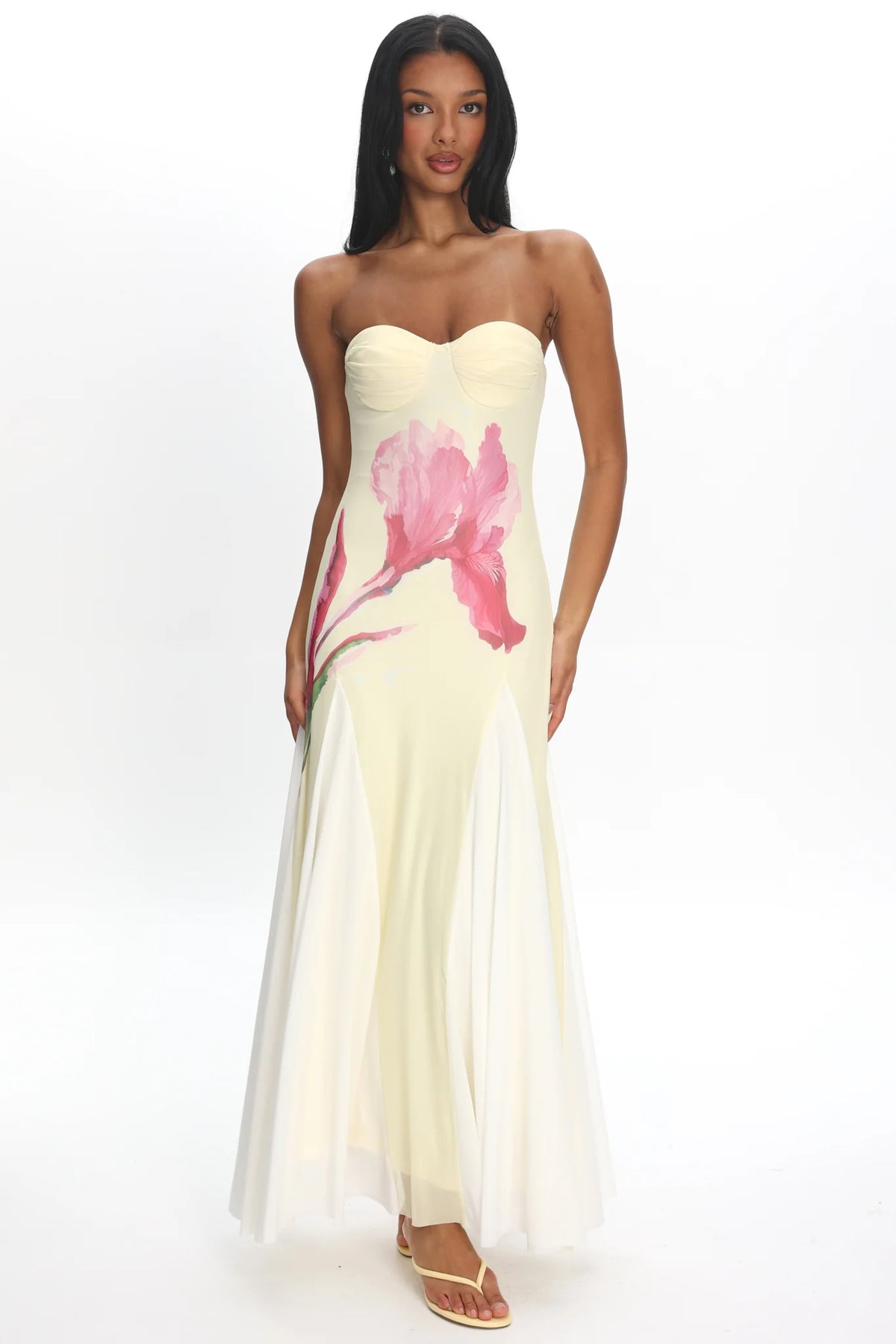 All Mine Godet Hem Maxi Dress Flower Lemon