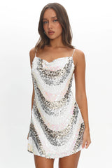 Show Me Love Cowl Neck Mini Dress Sequin Swirl White