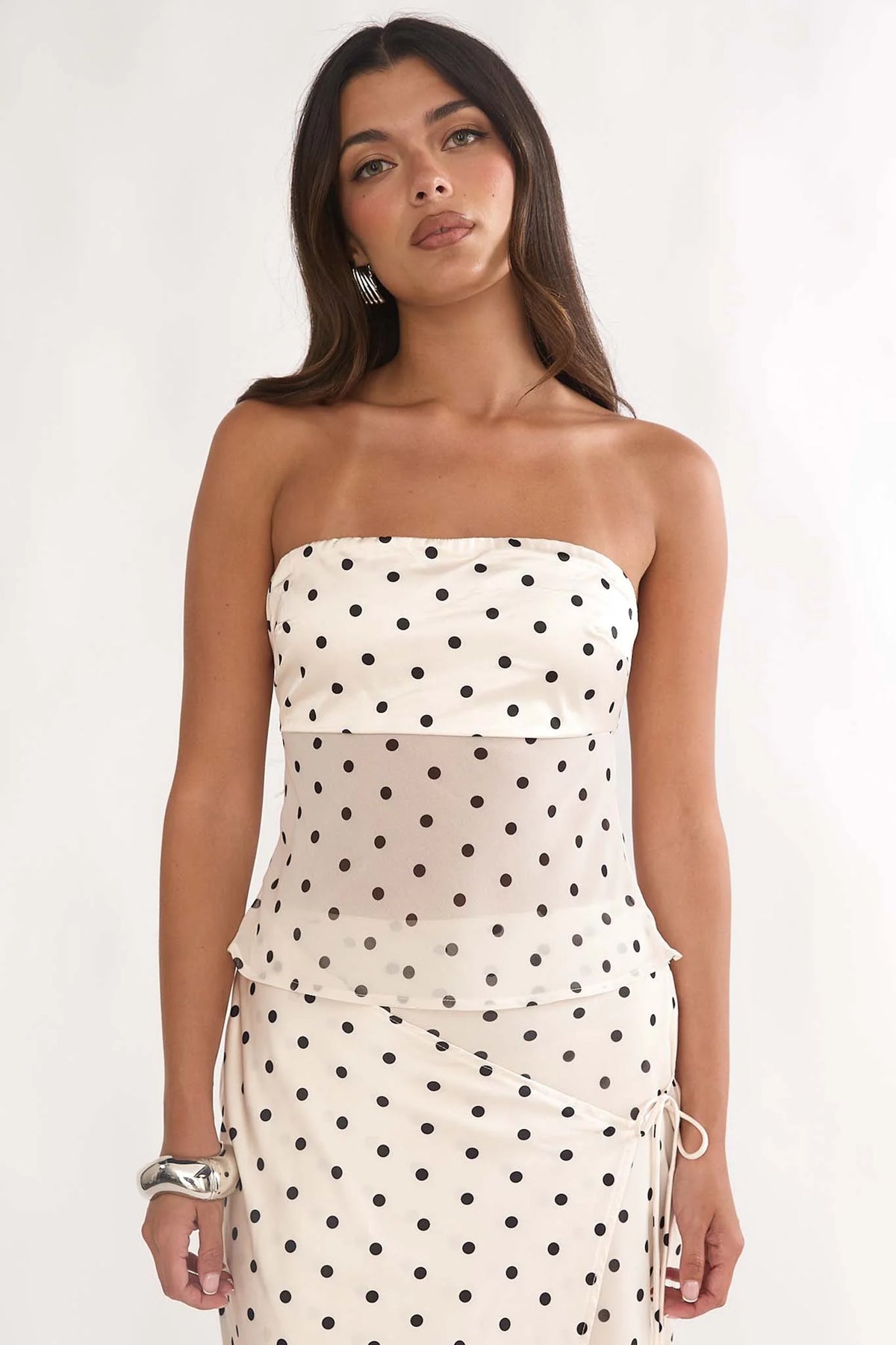 Jerica Strapless Sheer Waist Top Polka Dot Beige