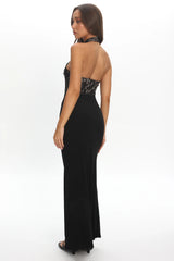Lovelight Lace Bodice Halter Maxi Dress Black