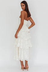 Giavana Strapless Layered Midi Dress Floral Embossed Cream