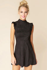 Kylie Ruffled Sleeve Suede Dress Black