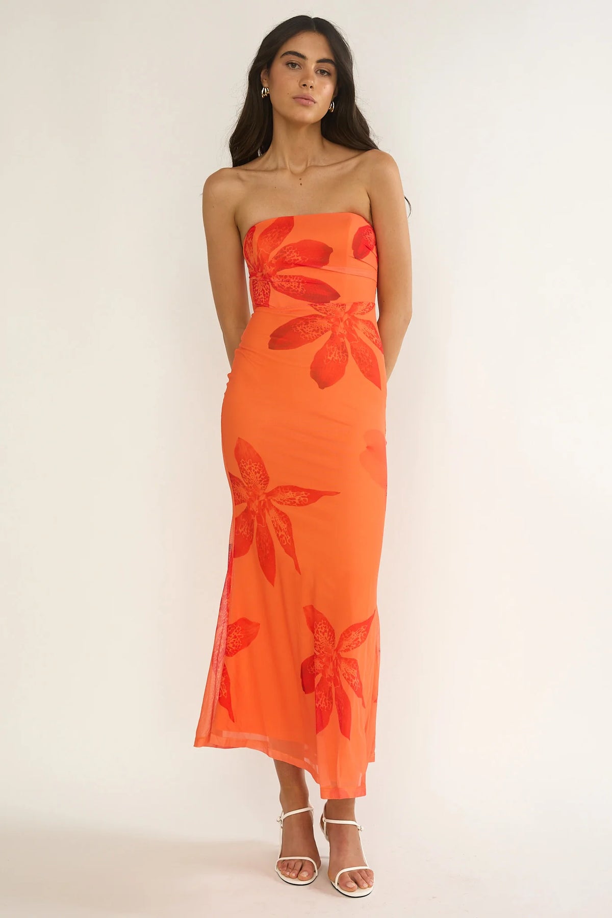 Minnesota Strapless Cowl Back Dress Floral Orange