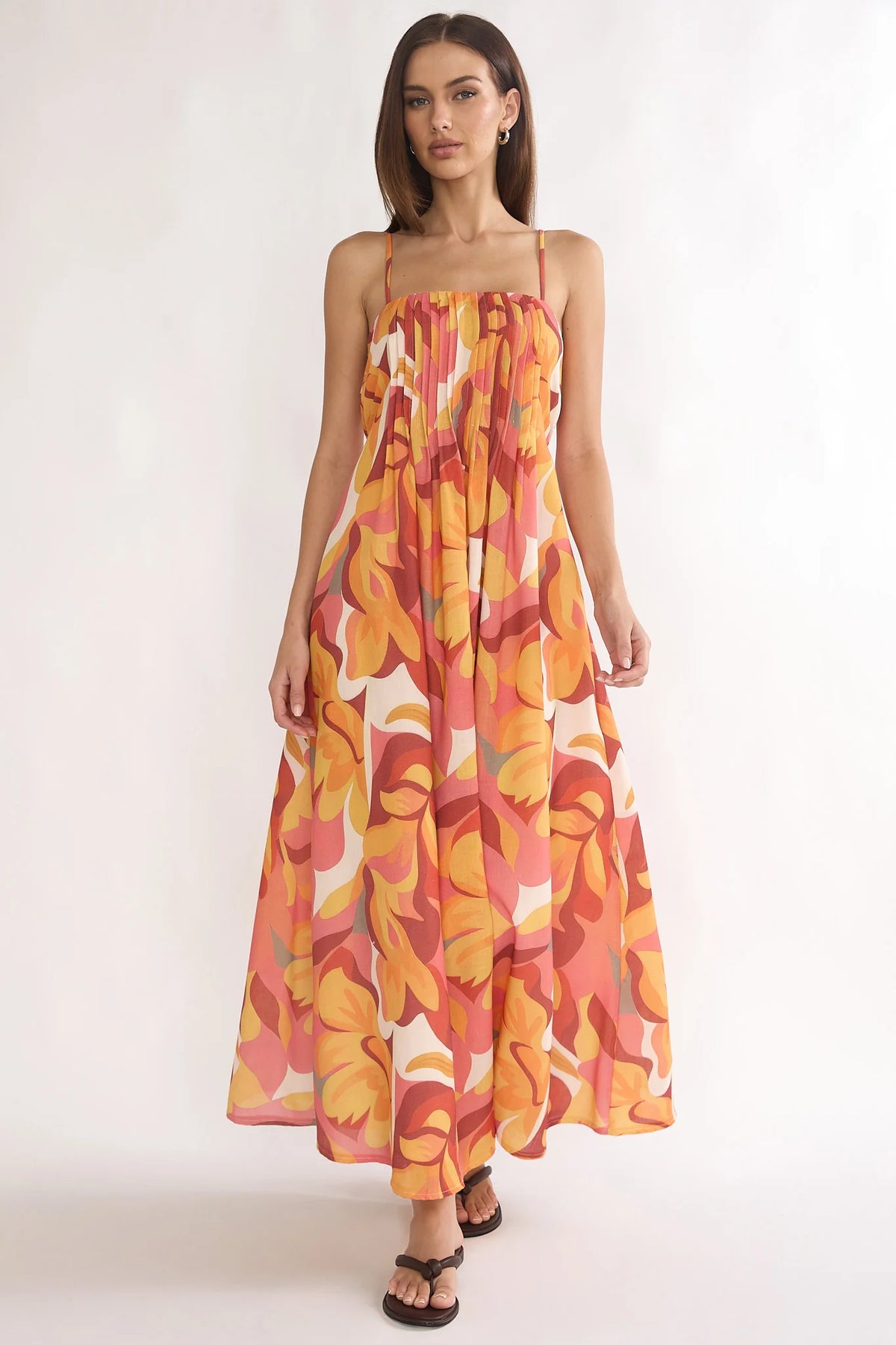 Lysette Pintuck Pleat Maxi Dress Print Orange